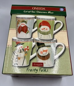 Oneida 4er Set Steinzeug TASSEN Schneemänner Frosty Folks Weihnachten Neu mit Karton - Bild 1 von 10