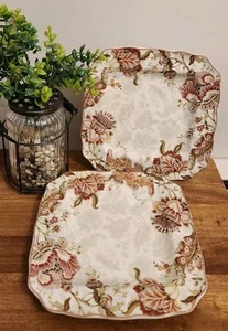 222 Fifth Gabrielle Cream 10⅞" Square Dinner Plate Floral Burgundy Set Of 2 NEW  - Picture 1 of 5