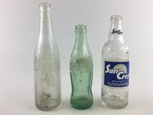 Vintage lot of 3 glass soda pop bottles Pepsi Cola Coca Cola Coke Sun Crest - Picture 1 of 8