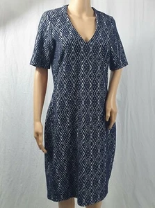 Sandwich Navy Blue Patterned Bodycon Wiggle Dress Short Sleeve Size UK XL - Picture 1 of 12
