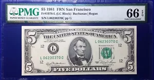 1981 $5 Federal Reserve Note Fr-1976-L San Francisco PMG66 Gem PPQ - Picture 1 of 4