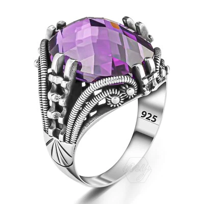 925 Sterling Silver Purple Faceted Amethyst Stone Men's Ring - Image 1 of 3