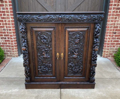 Antique English Cabinet Chest Wardrobe Gothic Revival Oak Monkeys RARE c.1880s Cover