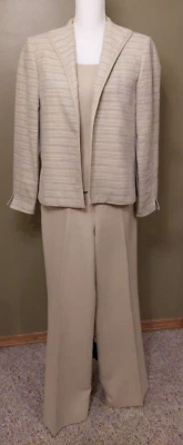 Claiborne Suits 3 Pc Size 8 Striped Blazer Solid Pants Top Beige & Cream EUC - Image 1 of 4