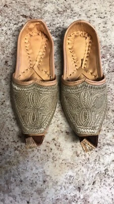 Vintage India Pakistan Punjab Gold Embroidered Jutti Curled Toe Leather Shoe - Image 1 of 4