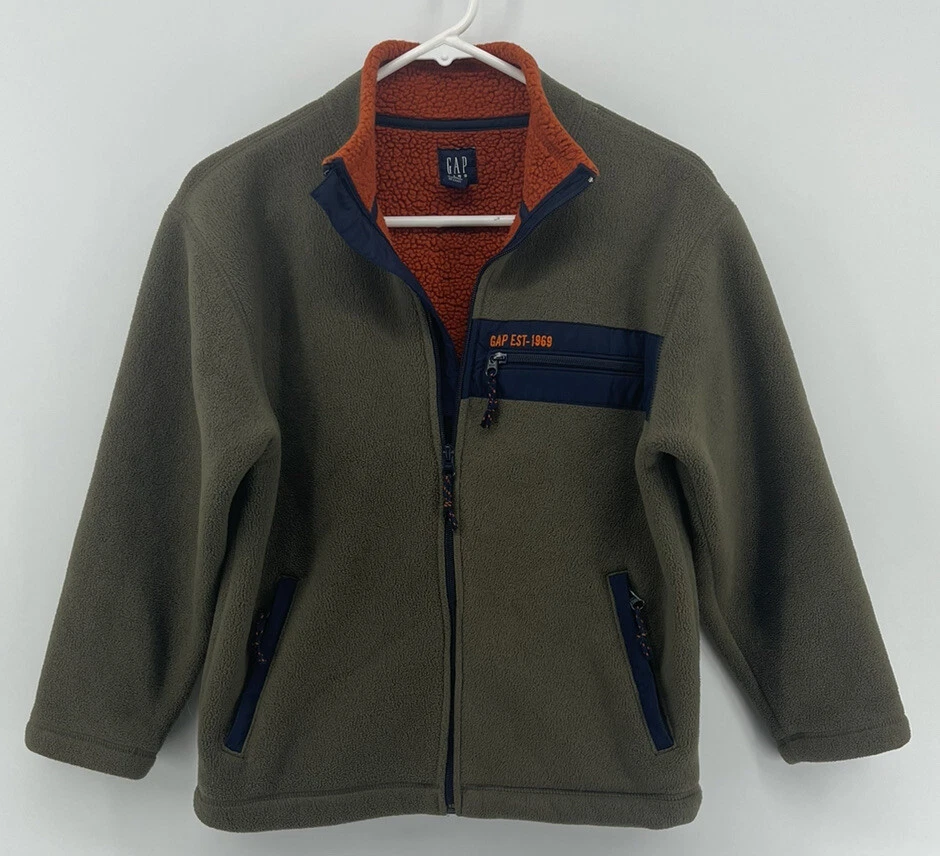 GAP Kids Boys Full Zip Fleece Sweatshirt Jacket Size Large 10 Olive Green Orange - Image 1 of 4