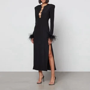 De La Vali Black Gospel Feather Trim Long Sleeve Midi Dress Gold Detail Size 12 - Picture 1 of 5