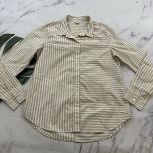 Sundance Womens Button Up Shirt Top Size M Tan White Mixed Stripe Long Sleeve - Picture 1 of 12