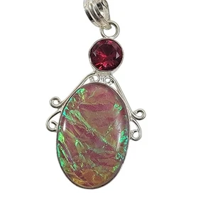 Pink Fire Opal Pendant – With Red Garnet Accents + 20" Sterling Silver Chain - Picture 1 of 10