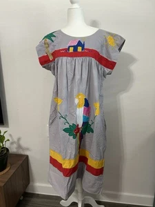 Vintage 80s Mexican Embroidered Parrot Dress Mrs Roper Caftan Muumuu Vacation  - Picture 1 of 13