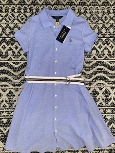 Polo Ralph Lauren Girls Sz 8 10 Denim Blue Short Sleeved Mesh Dress With Belt - Picture 1 of 2