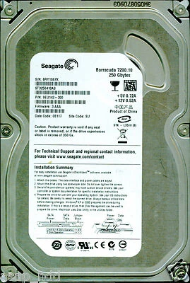 SEAGATE SATA 250GB ST3250410AS   9EU142-300  3.AAA  SU,  6RY - Image 1 of 2