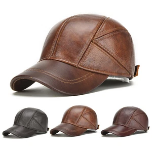 Men's Winter Warm Genuine Leather Solid Baseball Ball Cap Adjustable Hat - Picture 1 of 22