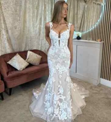 Sexy Mermaid Wedding Dresses Blush Pink V-Neck Lace Appliques Bridal Gowns New - Image 1 of 4