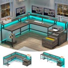 L Shaped 66" Home Office Furniture Desk with Drawers Gaming Desk with Led Lights