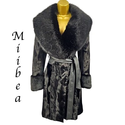 NUEVO Karen Millen 12 UK ORIGINAL NEGRO PONY IMITACIÓN PIEL CUELLO Y PUÑOS ABRIGO CON CINTURÓN Foto 1 de 4