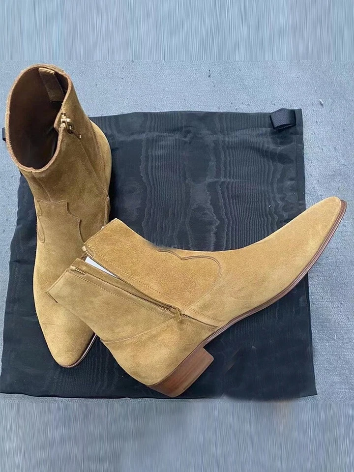 Retro Mens Pointed Toe Chelsea Ankle Boots Real Suede Leather Zipper Nightclub 9 - Image 1 of 4