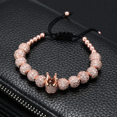 Pulseras ajustables trenzadas de polígono corona bola circonita cúbica micro pavé de lujo para hombre y mujer Foto 1 de 4