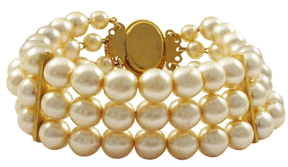 pulseira de pérolas de três fios 8 mm com barras - Imagem 1 de 2