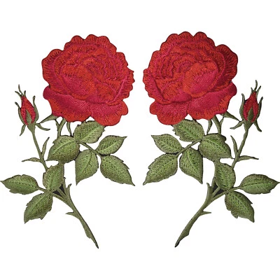 Pair of Red Rose Flower Patches Iron On Sew On Jeans Clothes Flowers Patch Badge - Image 1 of 2