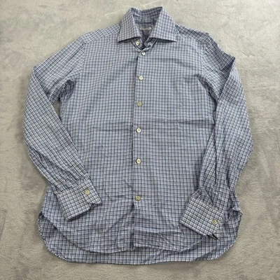 Kiton Button Up Shirt Mens 39 15.5 Cotton Blue Plaid Check Long Sleeve Cutaway - Image 1 of 4