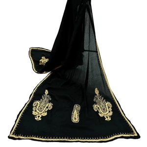 Indische Vintage schwarze Dupatta lange Stola reine Seide handbestickt Schals Schleier - Bild 1 von 19