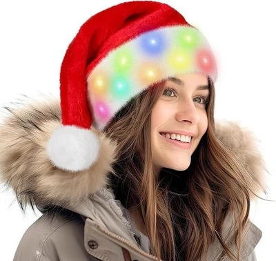 RELPOM LED Iluminado Esponjoso Sombrero de Papá Noel - Terciopelo Rojo Sombrero de Navidad para Adultos Foto 1 de 4