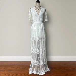 Neu Rosa Lilie Elfenbein Spitze Maxi Strampler Kleid Transparent Bestickt Boho Braut M - Bild 1 von 9