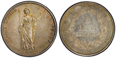 1848-M Italy-Lombardy/Venetia 5L Lire PCGS AU55 - Short Stems KM-22.1 — 第 1/3 张图片