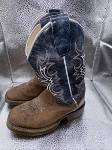 Old West Little Kids Youth Size 9 D Blue Brown Leather Cowboy Western Boots - Picture 1 of 9
