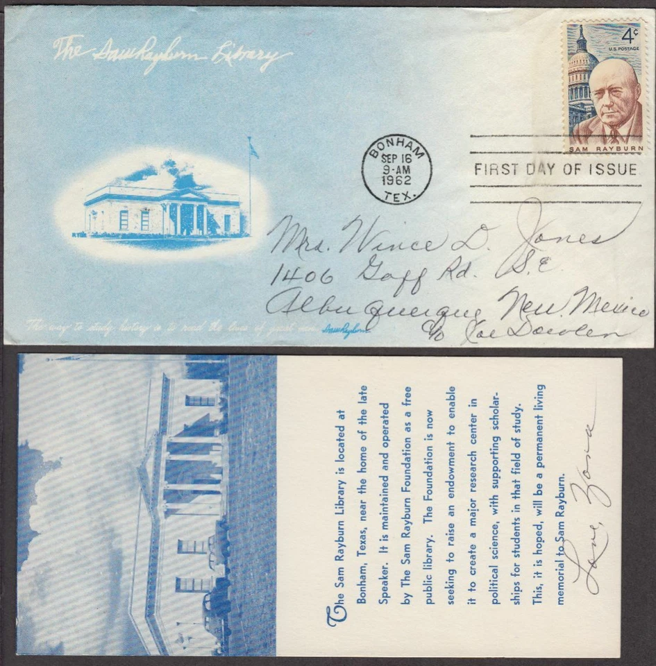 1962 Sam Rayburn Sc 1202 with Rayburn Library 1st cachet and insert card - Image 1 of 1
