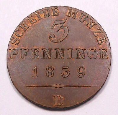 Germany 1839 D Prussia 3 Pfennig CH MS RB BEAUTY Wilhelm IV LUSTROUS Copper Coin - Image 1 of 2