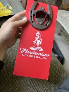 Iron Budweiser Clydesdales Horseshoe BEER BOTTLE OPENER On Wood Wall Plaque 11x5 - Picture 1 of 2