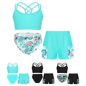 Kids Girls Swimsuit Summer Crop Top With Shorts Hawaii Vest And Bottoms Set - Picture 1 of 33