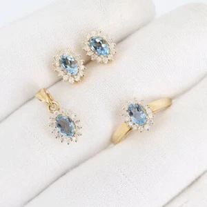 2.35 Ct Aquamarine & Natural Diamond Jewelry Set 14k Solid Yellow Gold - Picture 1 of 8