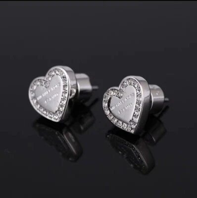 MICHAEL KORS Silver Tone Pave Crystals Heart Love Studs Earrings Gift Pouch - Image 1 of 3