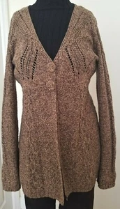 DKNY Jeans Brown & Tan Long Cable Knit Cardigan Sweater Buttoned V-Neck - Medium - Picture 1 of 5