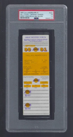 PSA POP1 - MAGIC JOHNSON SETS ASSIST RECORD MAVS @ LAKERS 1991 FULL TICKET Cover