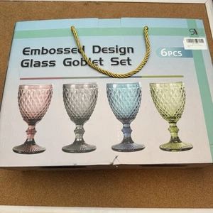 Geprägter grüner Glaskelch 6er Set Vintage-Stil 10 Unzen Wein/Wasserkelche - Bild 1 von 4