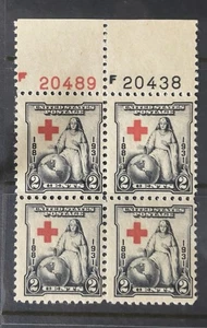 Scott 702, 2c Red Cross, Plate block/4, Top #s20489(R)/20438(B) MNH Free Ship - Picture 1 of 1