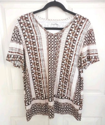Womens L Neutral Brown Beige Earth Tones Aztec Western Pullover Cotton Fall Top - Image 1 of 4
