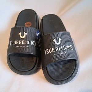 NEW True Religion Women’s Slides Black with Silver Logo Horseshoe Sandals Sz 8 - Picture 1 of 5