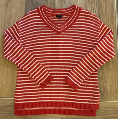 Talbots 二手状况完好毛衣 V 领长袖红色白色条纹亚麻/棉 SP — 第 1/4 张图片