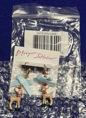 Jingle Bell Bling Christmas Blue Reindeer Drop Earrings Betsey Johnson RARE - Image 1 of 4