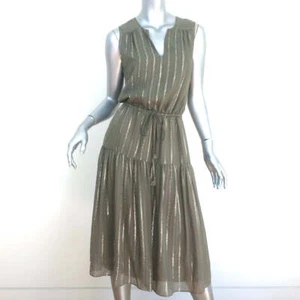 Joie Tiered Midi Dress Klea Olive/Gold Metallic-Striped Silk Size Extra Small - Picture 1 of 8