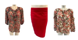 Lot 3 Red Stretch Pencil Skirt & Two Red Floral Blouses Women's SZ 6 & Small - Picture 1 of 13