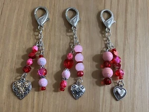 Handmade Keychain Set of 3 Purse, Backpack, Book Charm Hearts Bead Red Pink(53)  - Picture 1 of 4