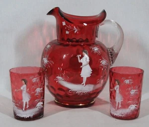 RARO! MARY GREGORY BROCCA IN VETRO DI MIRTILLO DIPINTA A MANO + SET 2 BICCHIERI ABBINATI - Foto 1 di 10