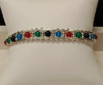 STERLING SILVER SIGNED MILOR MULTICOLORED AGATE BRACELET 7.5" - Image 1 of 3