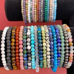 Natural Stone Stretch Bracelet 4mm - Healing Gemstone Beaded thin stackable USA - Picture 1 of 39